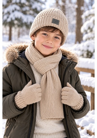 Miniko Kids Kitti 26180-07 Erkek 9-15 Yaş Atkı Bere Eldiven Set Gri