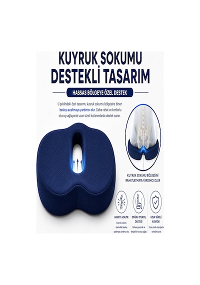 Ortopedik Oturma Minderi Hafızalı Visco Köpük Kuyruk Sokumu Destek Yastığı, Uzun Süreli Oturuşlar Lacivert