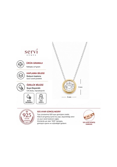 Servi 925 Ayar Gümüş Altın Detaylı Çerçeve Tektaş Kolye-407