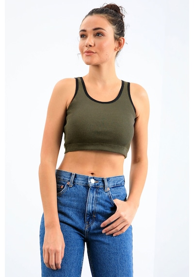 Tommy Life Haki Basic Sıfır Kol Dar Kalıp U Yaka Kadın Crop Top Atlet - 97160 Haki