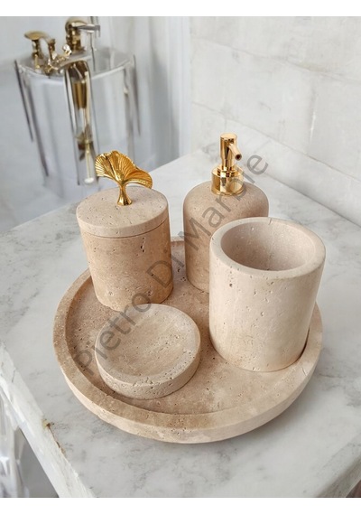 Sarı Traverten Klasik Model 5 Parça Gold Renk Japon Gülü Aksesuarlı Banyo Seti Sarı Traverten