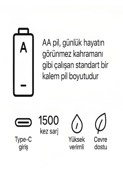 Type-c Şarjlı 2800mwh 1.5v Şarj Edilebilir 2'li Aa Kalın Pil - Lityum İyon Batarya