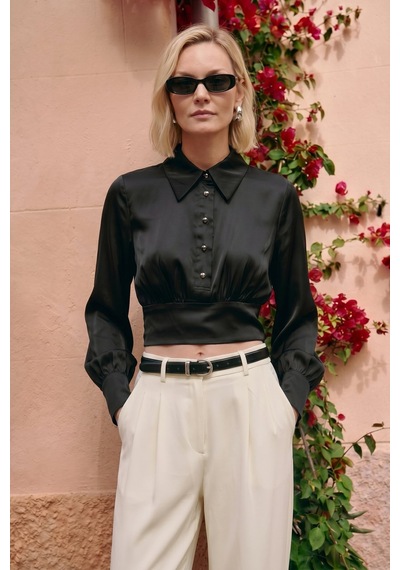 Sateen Düğme Detaylı Saten Bluz - Siyah-137515