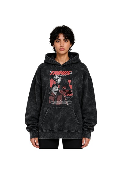 Sevbano Travis Scott Rapper Şarkıcı Baskılı Unisex Oversize Yıkamalı Hood Siyah