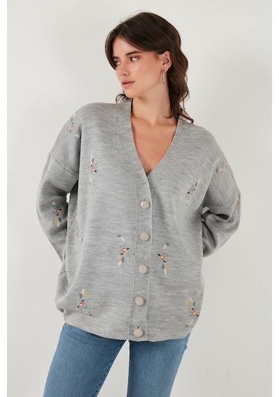 Lela Çiçek Işlemeli Oversize Fit V Yaka Düğmeli Bayan Hırka 4616191 Açık Gri