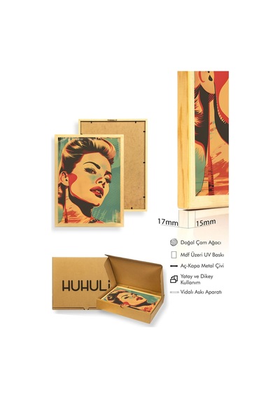 Doğal Ahşap Çerçeveli Pop Art Portre Tablo - Sarı Kırmızı Tonlar Huhu1941