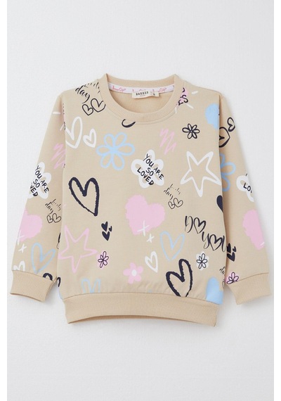 Breeze Kız Çocuk Sweatshirt Sevgi Temalı Desenli 3-8 Yaş, Bej Bej