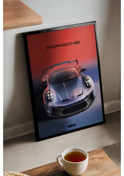 Porsche 992 Gt3 Siyah Ahşap Çerçeveli Poster, Dekoratif Araba Duvar Tablosu