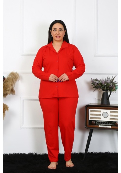 Akbeniz Kadın Büyük Beden Pamuklu Cepli Düğmeli Kırmızı Pijama Takım 202401-kırmızı Kırmızı