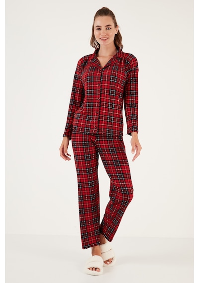 Lela Desenli Beli Lastikli Gömlek Yaka Dokuma Bayan Pijama Takımı 6095660W4 Kırmızı-Lacivert
