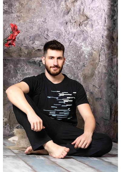 Nisanca Yazlık Kısa Kol %100 Pamuk Erkek Pijama Takımı Siyah