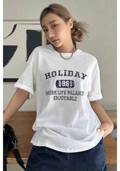 Unisex Holiday Baskılı Tasarım Tshirt Beyaz
