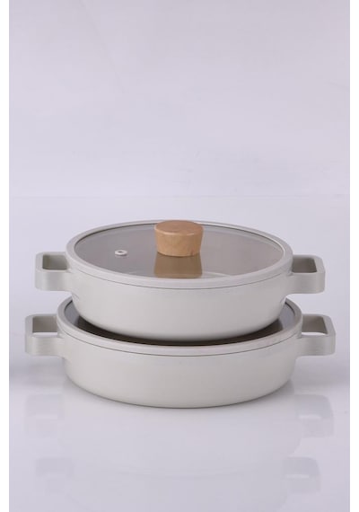 Neoflam Fika Cam Kapaklı Alüminyum 2'li Sahan Set 20 - 22cm Bej