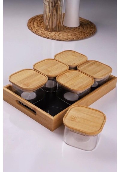Duo 400ml 6'lı Bambu Siyah Mermer Desen Tepsili Bambu Vakumlu Kapaklı Cam Kahvaltılık Bambu
