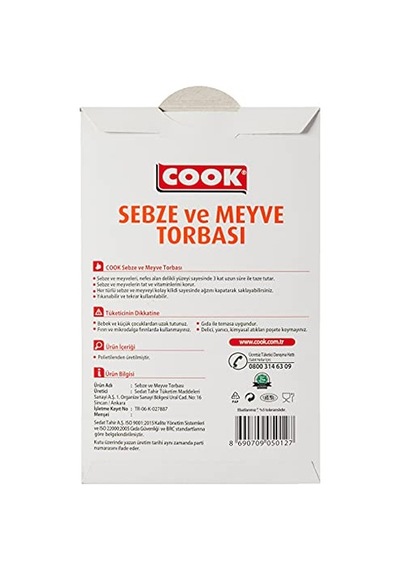 Cook Sebze Ve Meyve Torbası, 25 X 29 Cm, 5 Adet 0