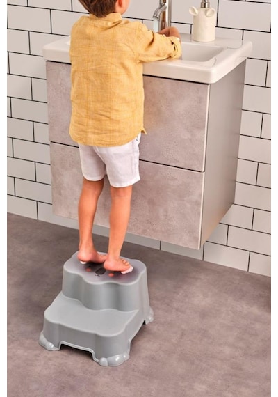 Flosoft Kaydırmaz Çocuk Taburesi Çift Basamaklı, Çocuk Banyo Lavabo Basamak Merdiven Yükseltici Gri