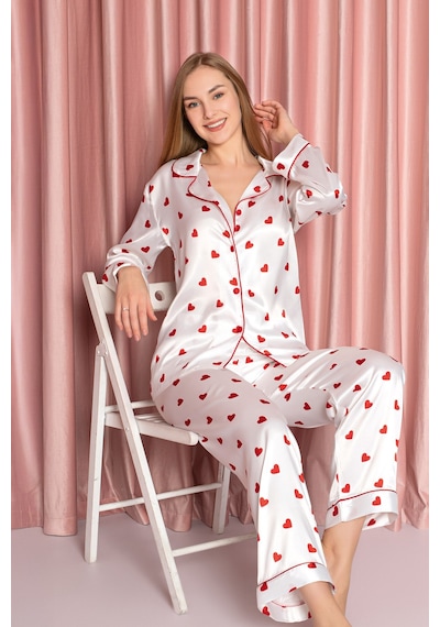 Nbb Kadın Ekru Kalpli Saten Pijama Takımı ekru