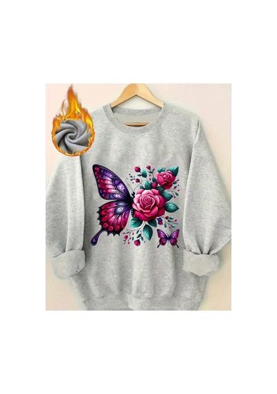 Herkesemoda Kelebek Baskı Detaylı Bisiklet Yaka Sweatshirt Gri