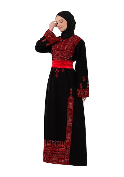 Zaytoon Filistin Nakışlı Modern Siyah Kaftan Elbise - Geleneksel Şıklık Kırmızı