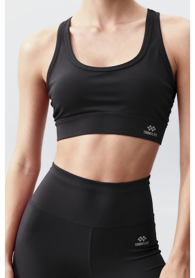 Tommylife Siyah Yüksek Bel Toparlayıcı Çapraz Sırt Detaylı Slim Fit Kadın Tayt Takım - 95283