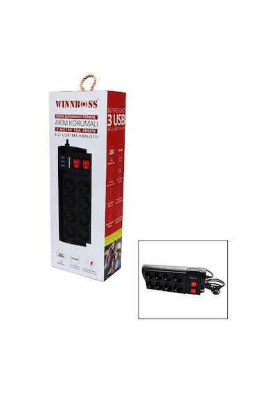 Termal Akım Korumalı 16a 8li Priz 3xusb 2mt Anahtarlı Uzatma Kablo Siyah 5399 10