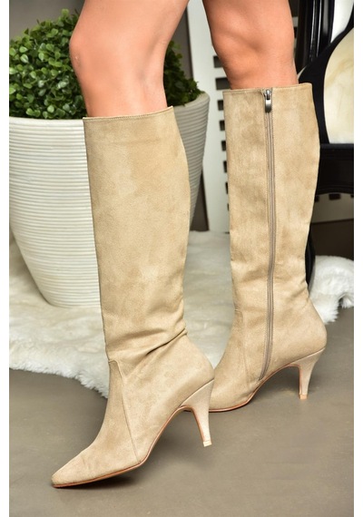 Fox Shoes R372453002 Ten Süet İnce Topuklu Kadın Çizme Ten Rengi