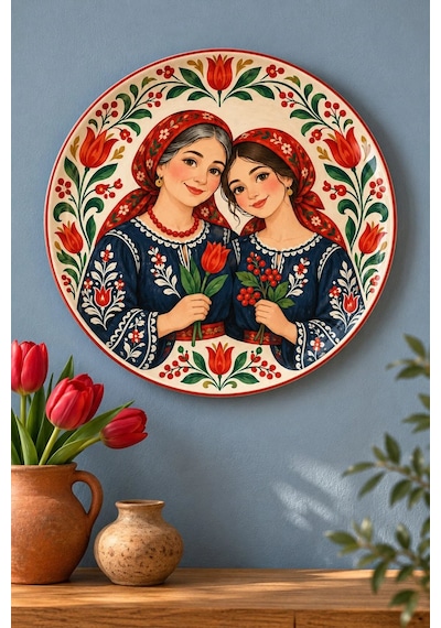 Dekoratif Duvar Tabağı Laleli Halk Masalı Dekorlu Seramik Tabak Mor