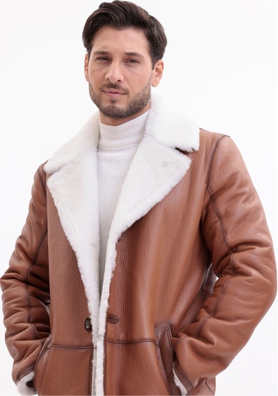 M M Marki Marki Erkek Hakiki Deri Kaban, İçi Kürklü, 90 Cm, Viski Rengi, Kışlık, Premium, İçi Kürklü Kaban - 500022