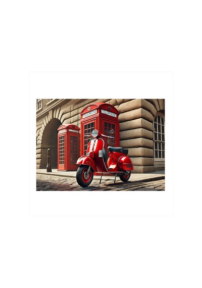 Retro Vespa Ve Telefon Kulübesi Desenli Mdf Tablo
