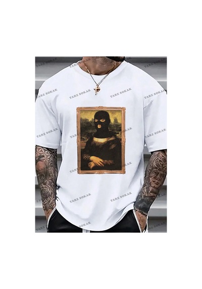 Kod Trend Erkek Büyük Beden Komik Mona Lisa Baskılı T-shirt Beyaz