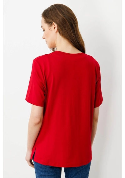 Desen Triko Kadın Açma Yaka Nakış İşlemeli T-shirt 25703 Kırmızı Kırmızı