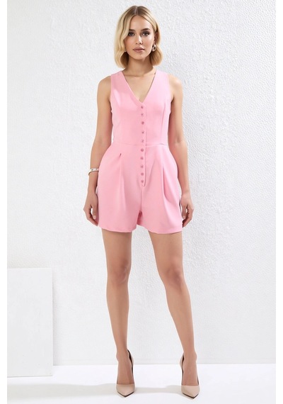 Benerly Kadın V Yaka Kolsuz Düğmeli Geniş Paça Mini Dokuma Tulum Straight Pembe