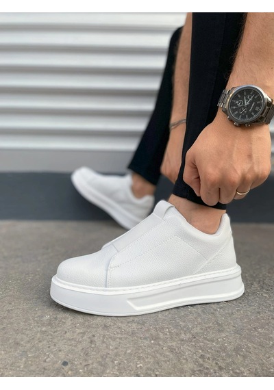 Mevese Torino Erkek Bağcıksız Cilt Günlük Sneaker Ayakkabı Ortopedik Kalın Taban Beyaz