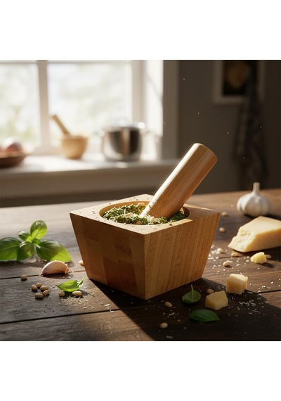 Bambu Havan Ve Tokmak Seti, Mutfak Havanı, Baharat Ve Sarımsak Öğütücü Ve Döveceği Kare