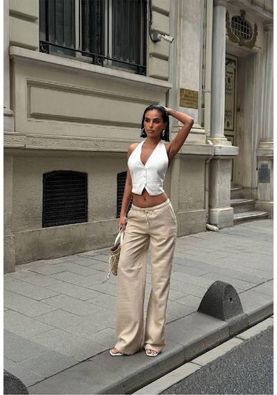 HLT Jeans Kadın Krem Baggy Beli Lastikli Keten Görünümlü %100 Pamuk Pantolon Emily-3018