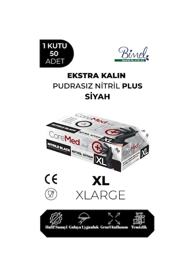 Ekstra Kalın Nitril Siyah Plus Muayene Eldiveni Xl - 1 Paket 50'li
