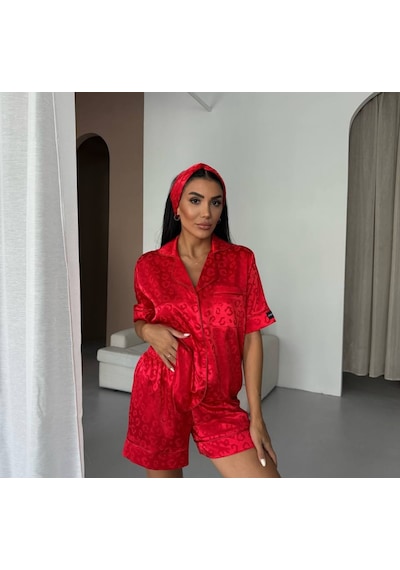 Leopar Desenli Kırmızı Üçlü Pijama Takımı