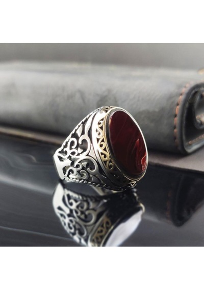Erkek Gümüş Düz Kırmızı Kehribar Yüzük Gyzgmsvgumu