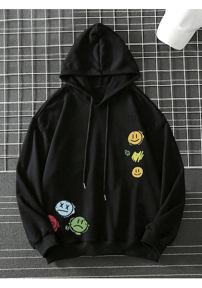 Startmore Unisex Emoji Özel Baskılı Kapüşonlu Oversize Sweatshirt Siyah Siyah
