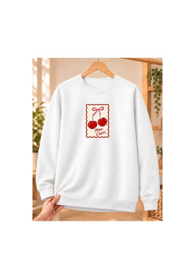 Mor Mürekkep Kadın %100 Pamuk 3 İplik Şardonlu Mon Chéri Kiraz Baskılı Bisiklet Yaka Sweatshirt Beyaz