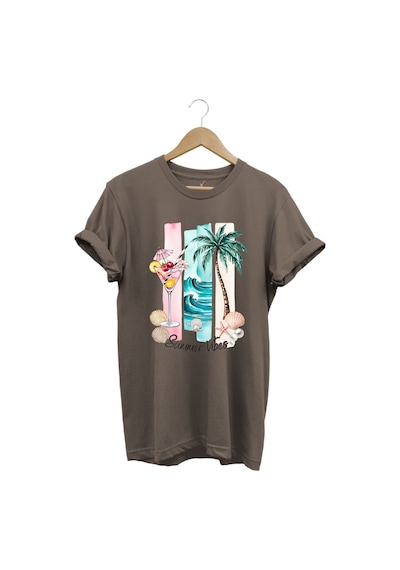 Summer Vibes Yaz Temalı Kokteyl, Palmiye Ve Deniz Desenli %100 Pamuk Regular Fit T-shirt Kahverengi