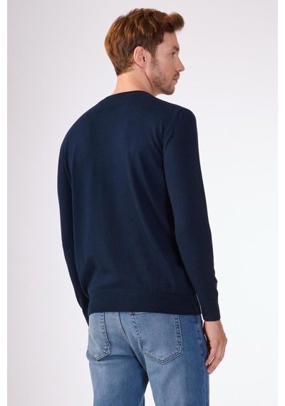 Dufy %100 Pamuk Bisiklet Yaka Düz Renk Slim Fit Erkek Triko Lacivert