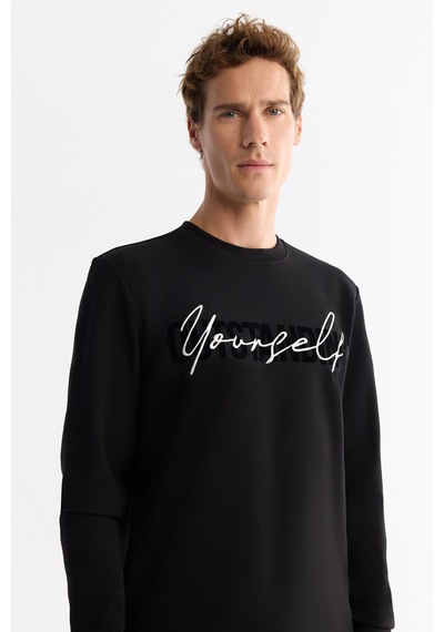 Avva Erkek Siyah Bisiklet Yaka Pamuklu Baskılı Elastan Regular Fit Sweatshirt A42y1258