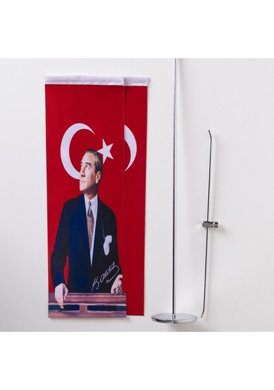 Atatürk-Türk Bayrağı 2li Masa Bayrağı Saten Kumaş Dijital Baskı 8,5x25 cm