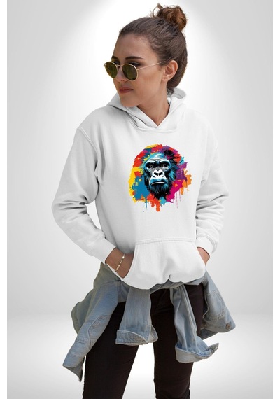 Renkli Maymun Goril Kadın Erkek Beyaz Kapüşonlu Sweatshirt Hoodie Beyaz