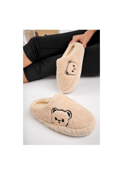 Modafocus Bej Tatlı Ayıcık Peluş Ev Terliği Sessiz Taban Kışlık Panduf Bej Bej