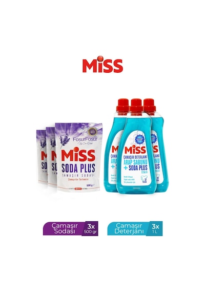 Miss Çamaşır Deterjanı Arap Sabunu Soda Plus Etkili 3x1500 Ml+miss Soda Plus Lavanta Foşur Foşur 3x500 Gr 1500 ML