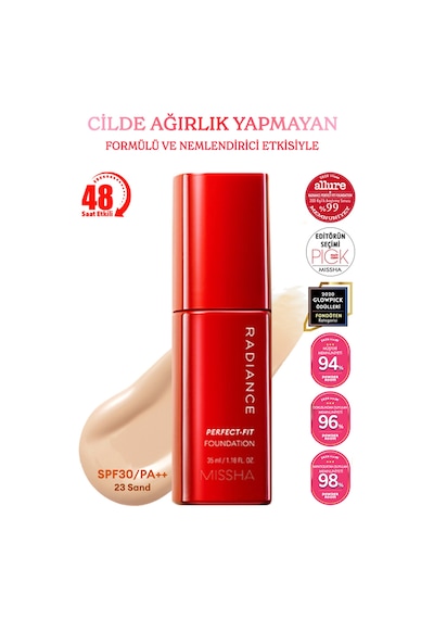 Missha Radiance Perfect Fit Fondöten SPF30+ 48 Saat Kalıcı Saten Fondöten No.23 Sand 35 ML