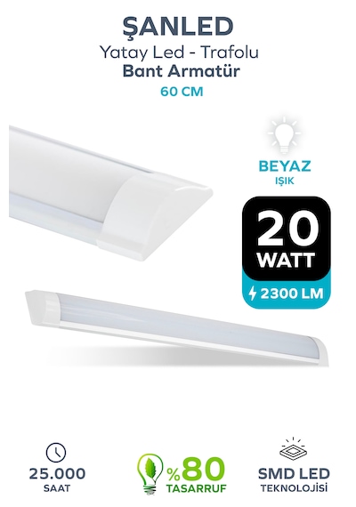 60 Cm 20 Watt Yatay Led Bant Armatür-trafolu Beyaz Işık-1 Adettir