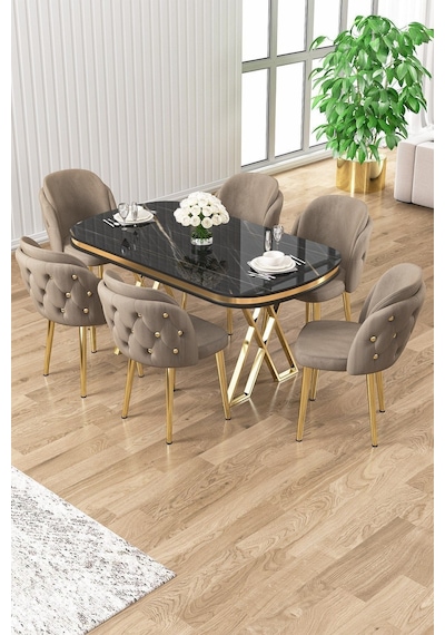 Canisa Zae Serisi 90x168 Lak Panel Siyah Mermer Desen Gold Ayak Masa Takımı 6 Cappucino Sandalye Sonata Masa Cappucino Sandalye Ayaklar Gold Canisa Zae Serisi 90x168 Lak Panel Siyah Mermer Desen Gold Ayak Masa Takımı 6 Cappucino Sandalye Sonata Masa Cappucino Sandalye Ayaklar Gold